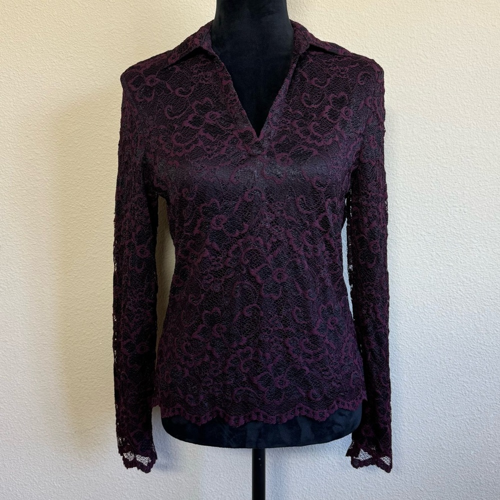 Bice top women medium nylon blend vintage 90s lace vneck long sleeve lace top